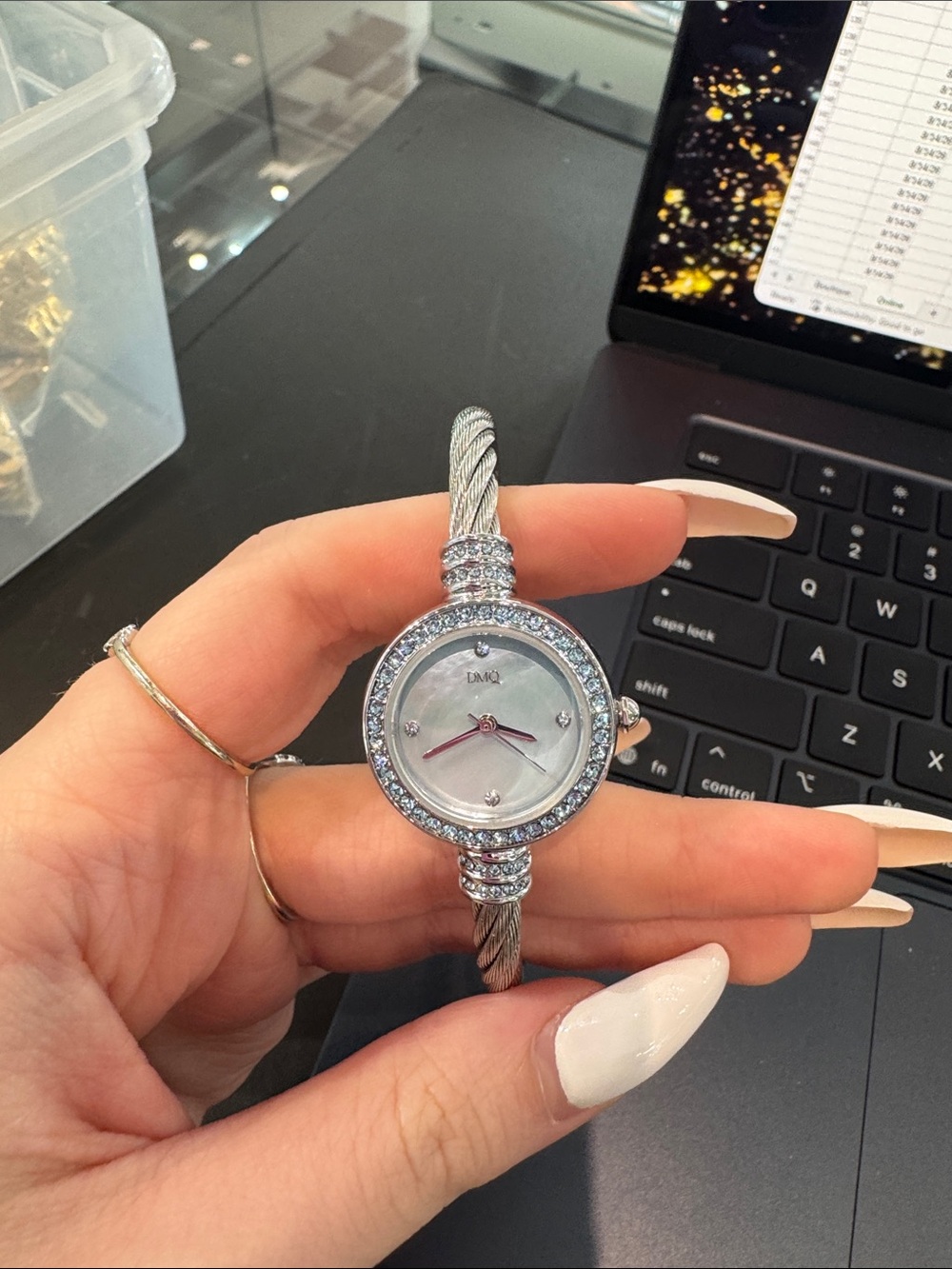 New DMQ Diamonique Silver-tone MOP Cable Bangle Watch